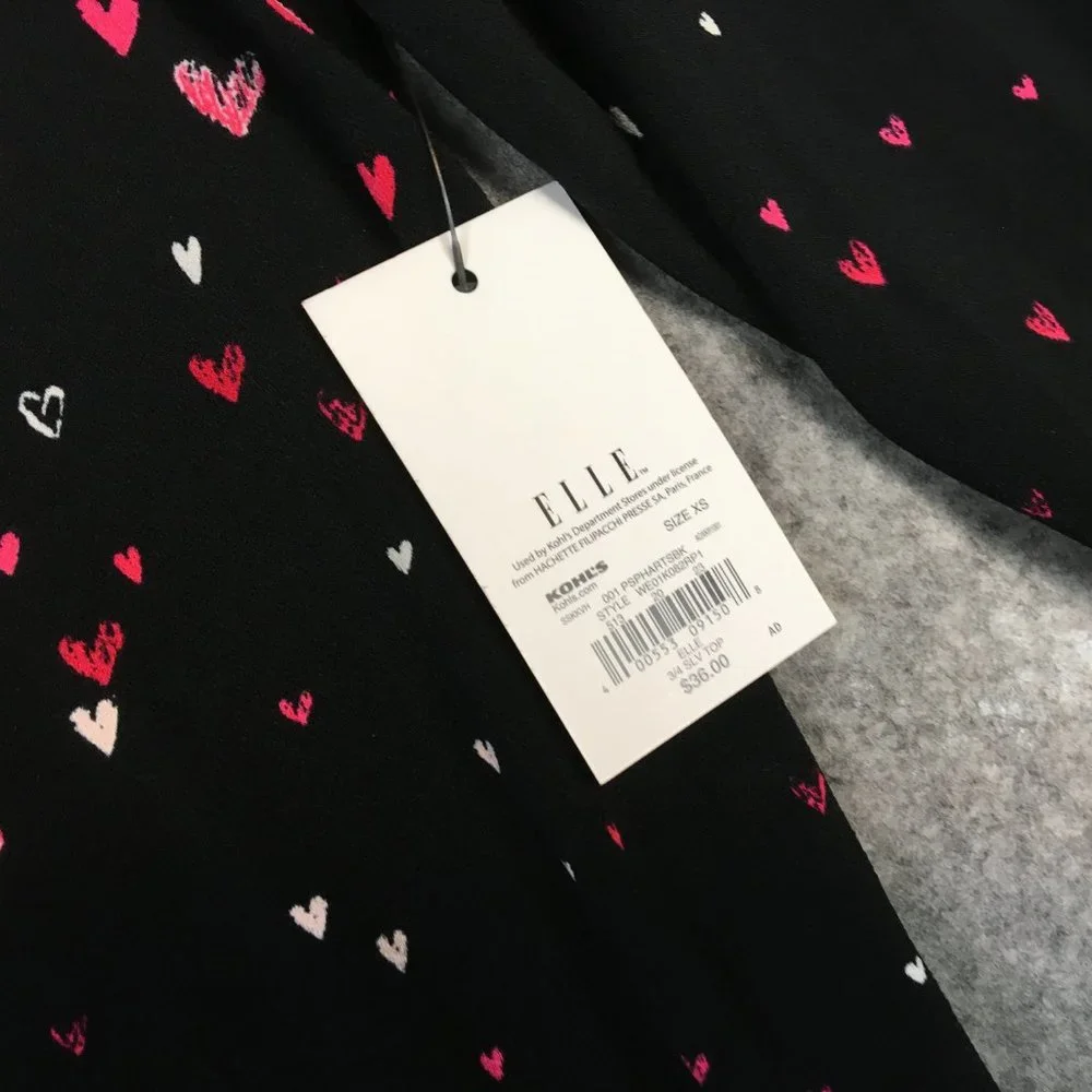 Elle Top XS Blouse Career Heart Print Crepe Black Accordion Pleat Sleeves Pink - Picture 7 of 13